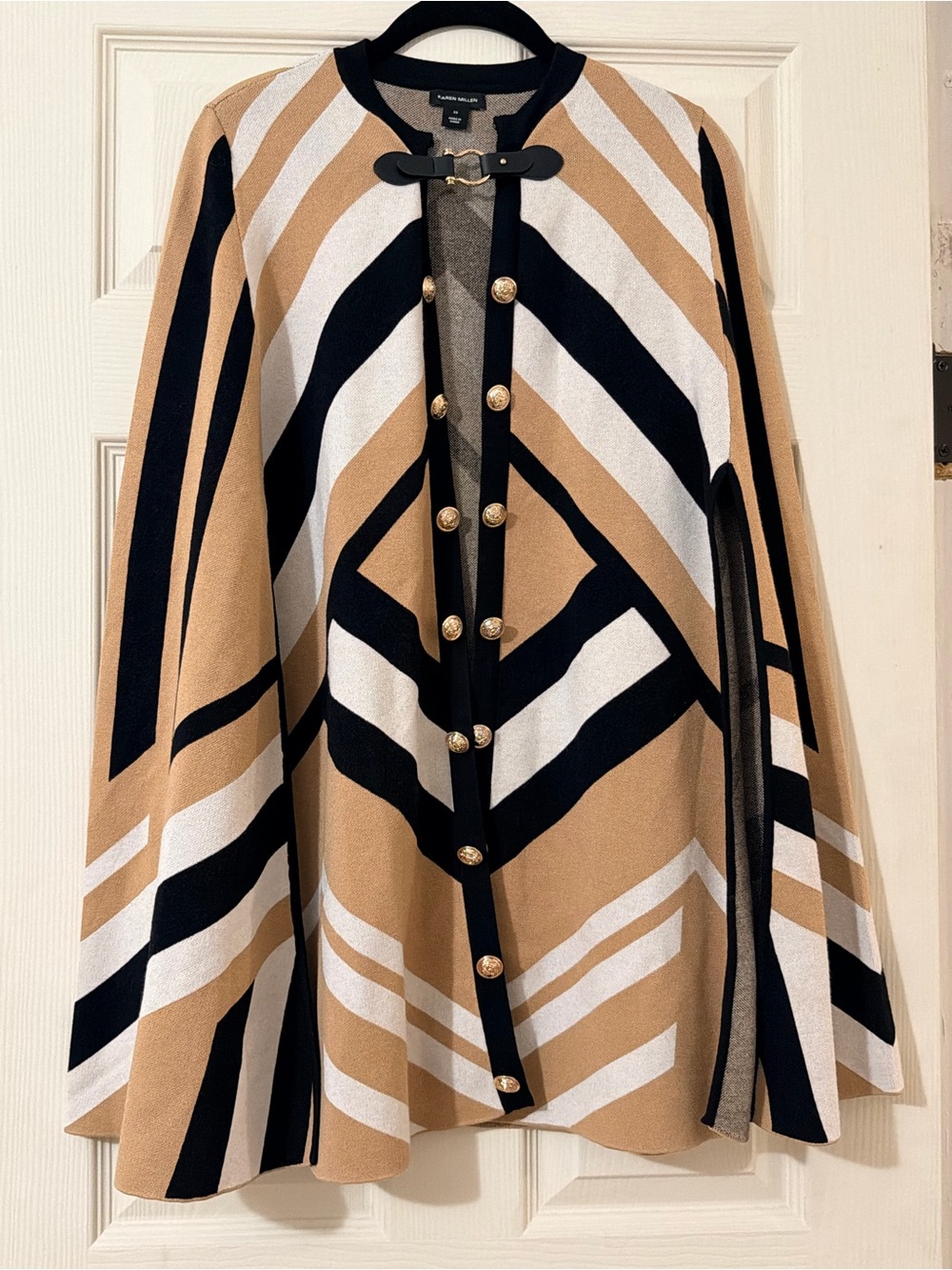 Karen Millen Camel, Black & White Striped Geometric Cape